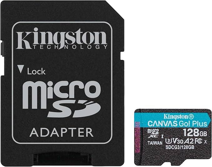 Kingston TECHNOLOGY  
Lock  
microSD  
ADAPTER  

Kingston®  
CANVAS Go! Plus  
microSDXC I  
128GB  
TAIWAN  
U3 V30 A2 FC X  
SDCG3/128GB