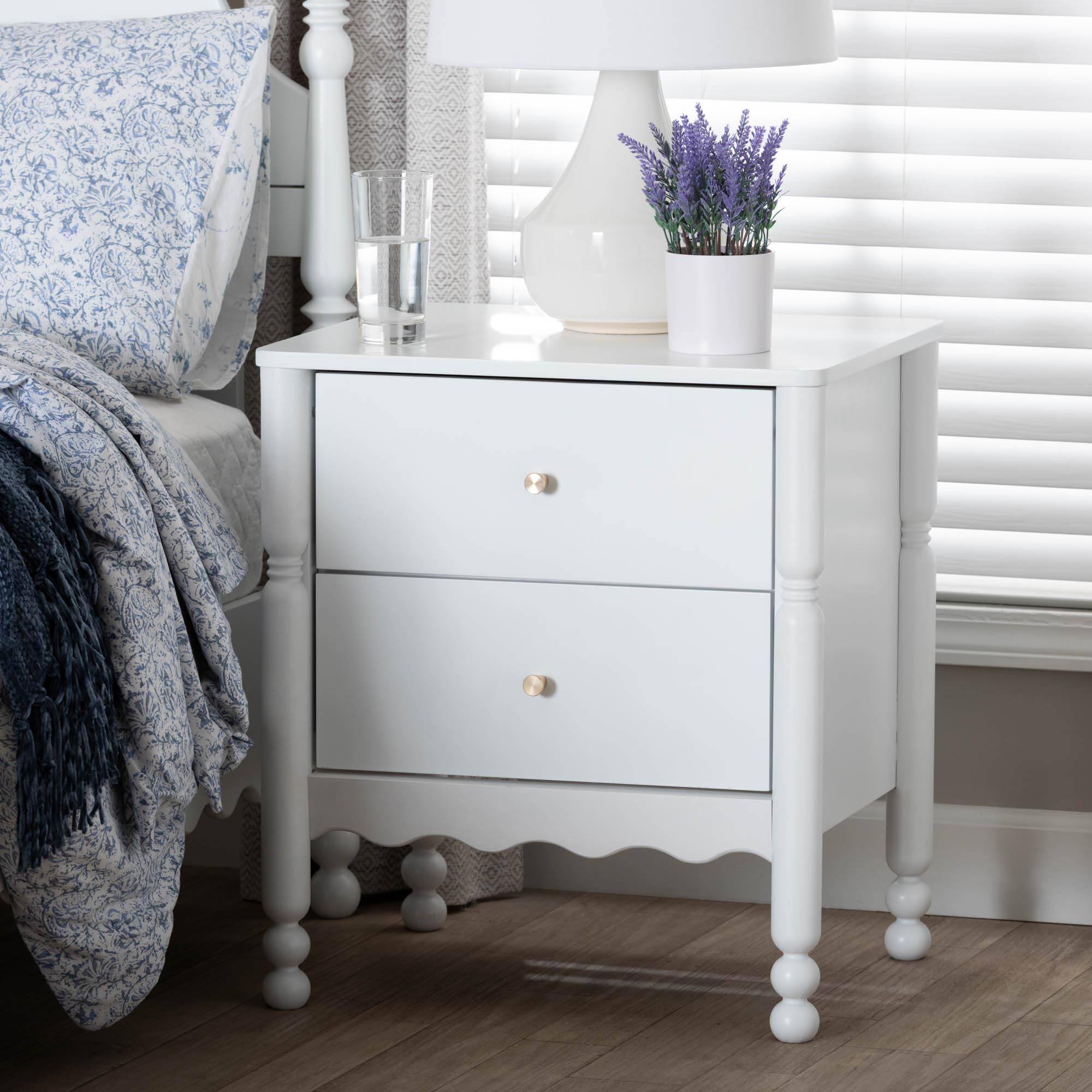 Alt View 4. Baxton Studio - Hoffman Nightstand - 2-Drawer Bedside Table with Scalloped Apron and Turned Legs for Bedroom - White.