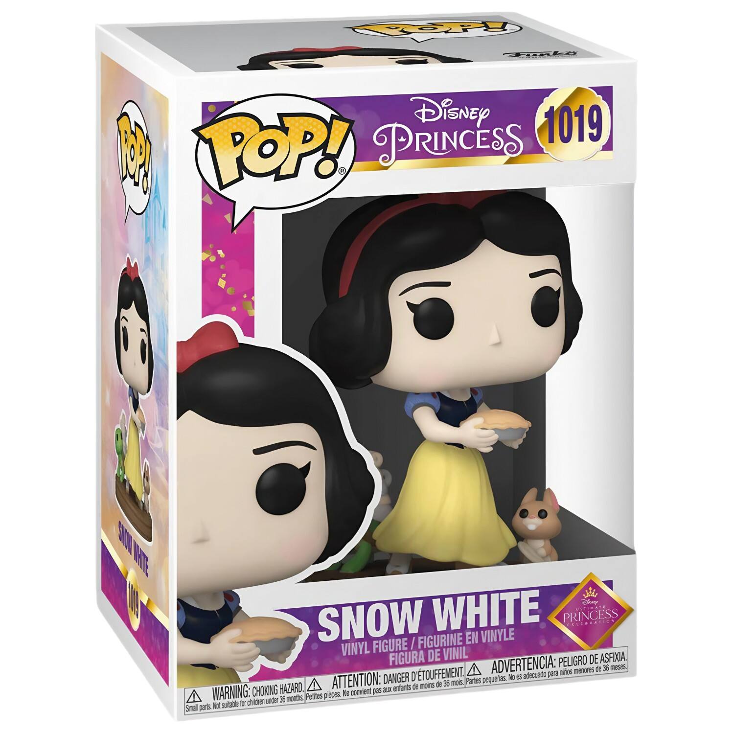 Sure, here is the corrected and grouped text from the image:

---

**Disney Princess**

**POP!**

**1019**

**SNOW WHITE**

**VINYL FIGURE / FIGURINE EN VINYLE / FIGURA DE VINIL**

**WARNING: CHOKING HAZARD - Small parts. Not suitable for children under 3 years.**

**ADVERTENCIA: PELOIGRO DE ASFIXIA, partes pequeñas. No es adecuado para niños menores de 3 años.**

**ATTENTION: DANGER - Petites pièces. Ne convient pas aux enfants de moins de 3 ans.**

**POP!**

**Disney**

**1019**

**SNOW WHITE**

**VINYL FIGURE / FIGURINE EN VINYLE / FIGURA DE VINIL**

**WARNING: CHOKING HAZARD - Small parts. Not suitable for children under 3 years.**

**ADVERTENCIA: PELOIGRO DE ASFIXIA, partes pequeñas. No es adecuado para niños menores de 3 años.**

**ATTENTION: DANGER - Petites pièces. Ne convient pas aux enfants de moins de 3 ans.**

---

