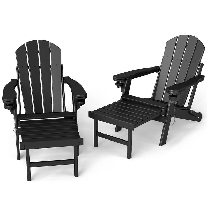 Front. FODINGHILL - HDPE Set of 2 Adirondack Chairs with Ottomans - Black.