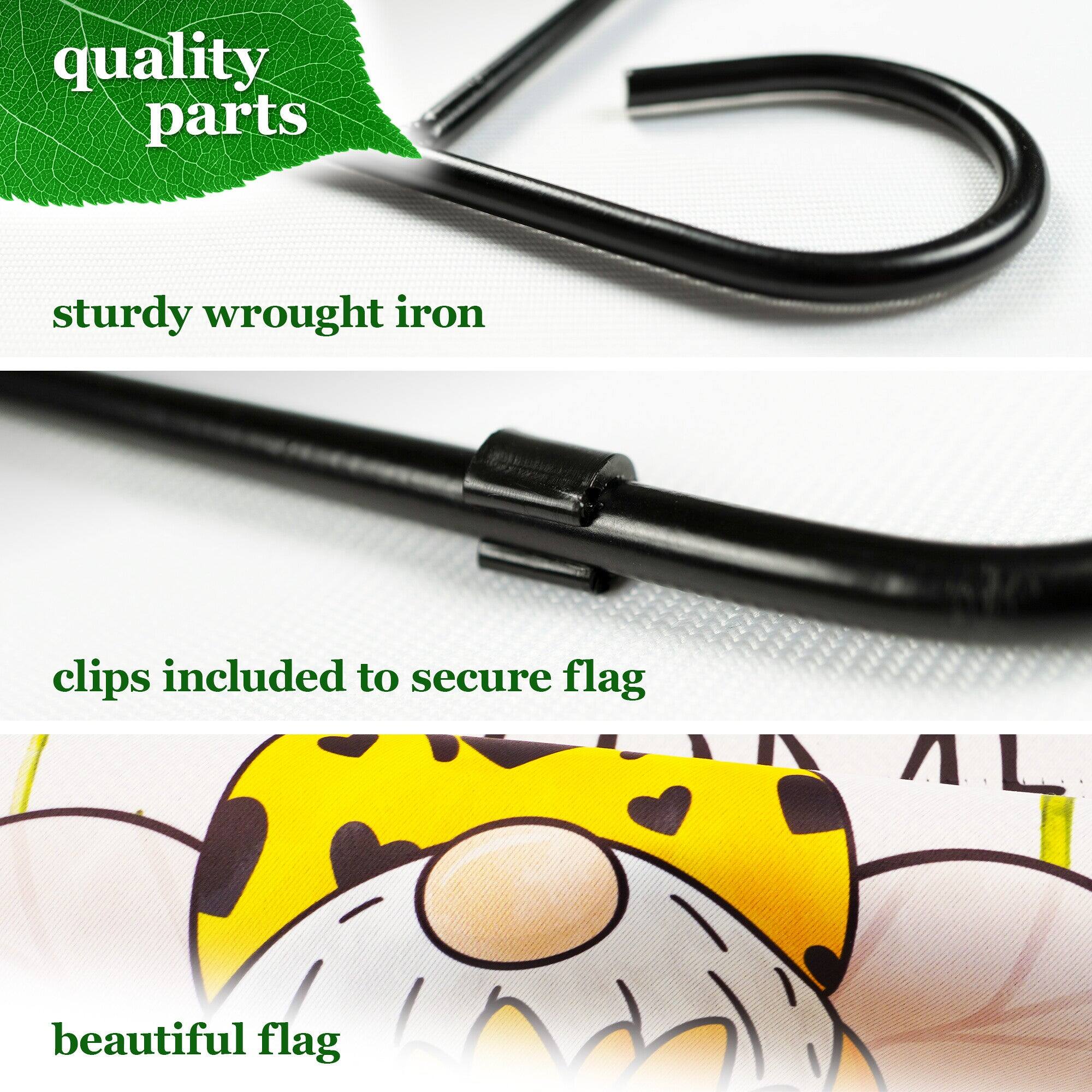 quality parts  
sturdy wrought iron  
clips included to secure flag  
beautiful flag