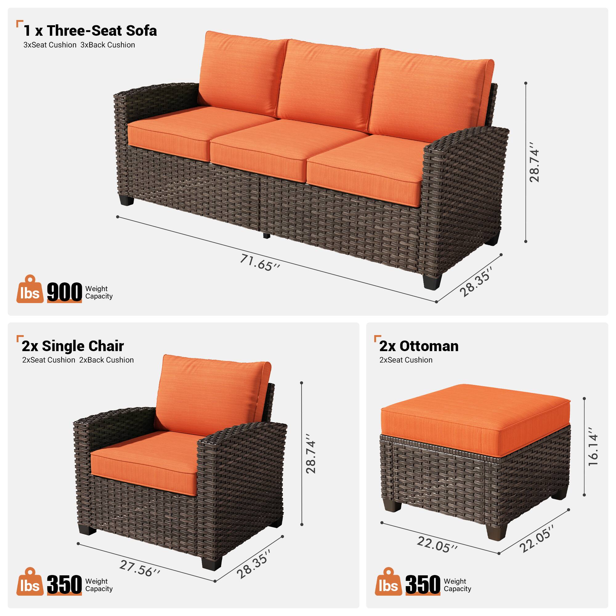 1 x Three-Seat Sofa  
3x Seat Cushion 3x Back Cushion  
28.74" x 71.65" x 28.35"  
900 lbs Weight Capacity  

2x Single Chair  
2x Seat Cushion 2x Back Cushion  
28.74" x 27.56" x 28.35"  
350 lbs Weight Capacity  

2x Ottoman  
2x Seat Cushion  
16.14" x 22.05" x 22.05"  
350 lbs Weight Capacity