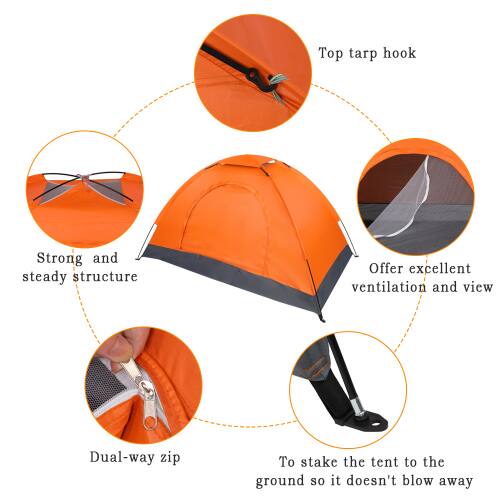 Top tarp hook  
Strong and steady structure  
Offer excellent ventilation and view  
Dual-way zip  
To stake the tent to the ground so it doesn't blow away