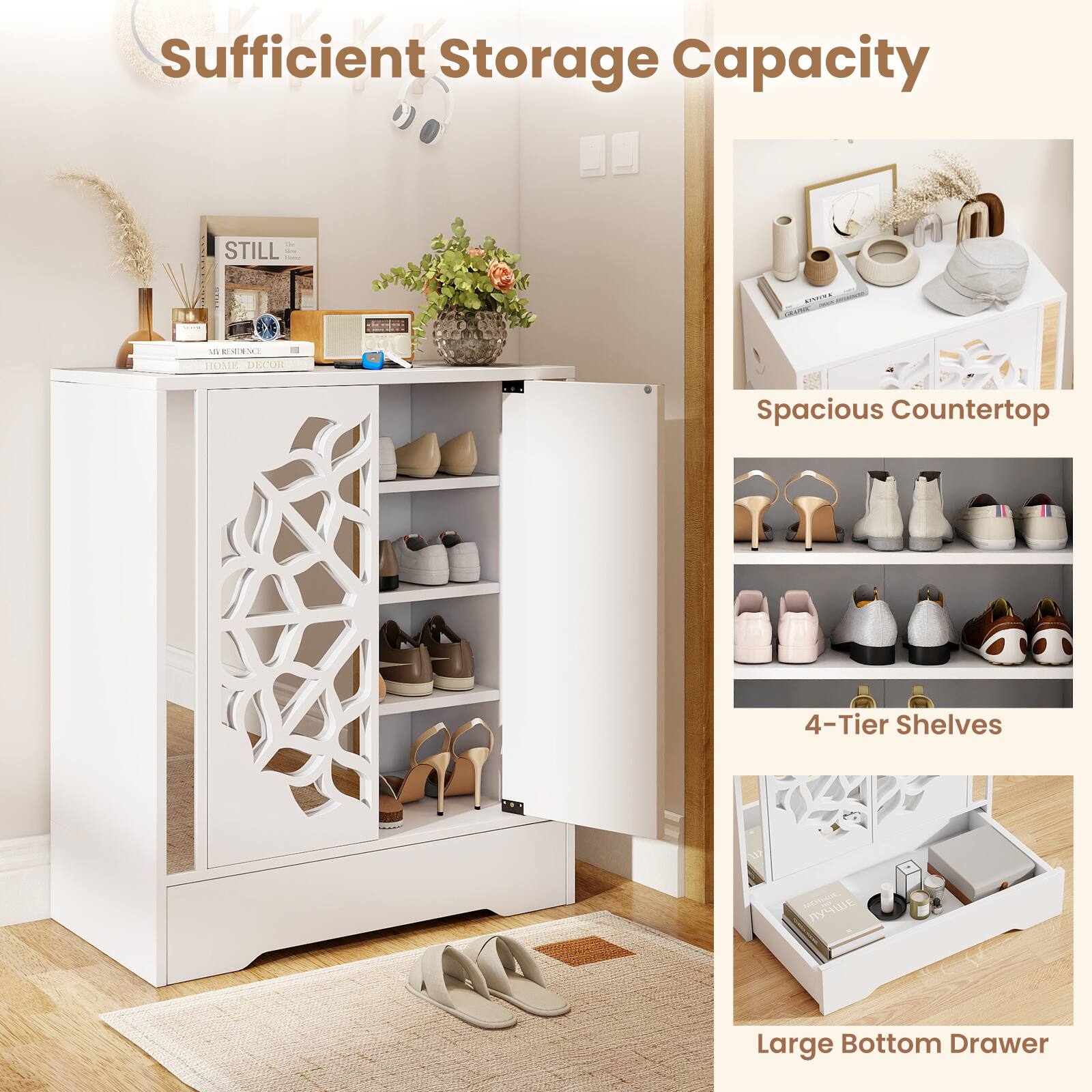 Sufficient Storage Capacity

- Spacious Countertop
- 4-Tier Shelves
- Large Bottom Drawer