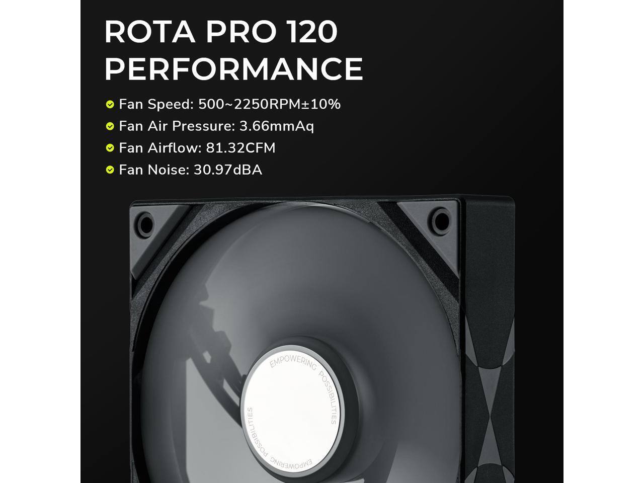 ROTA PRO 120 PERFORMANCE

- Fan Speed: 500~2250RPM±10%
- Fan Air Pressure: 3.66mmAq
- Fan Airflow: 81.32CFM
- Fan Noise: 30.97dBA

EMPOWERING POSSIBILITIES