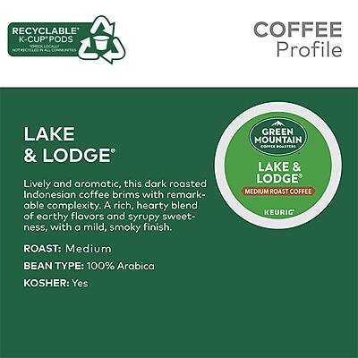 **COFFEE Profile**

**LAKE & LODGE®**

Lively and aromatic, this dark roasted Indonesian coffee brims with remarkable complexity. A rich, hearty blend of earthy flavors and syrupy sweetness, with a mild, smoky finish.

**ROAST:** Medium

**BEAN TYPE:** 100% Arabica

**KOSHER:** Yes

---

**GREEN MOUNTAIN COFFEE**

**LAKE & LODGE®**

**MEDIUM ROAST COFFEE**

**KEURIG®**

---

**RECYCLABLE K-CUP® PODS**

*Please recycle. Not all recycling programs accept K-Cup® pods. Check locally.*