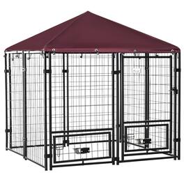Pawhut - 4.6'x4.6'x5' Outdoor Dog Kennel, Welded Wire Heavy Duty Run, 360° Rotating Bowls, Waterproof Cover, for S&M Dogs