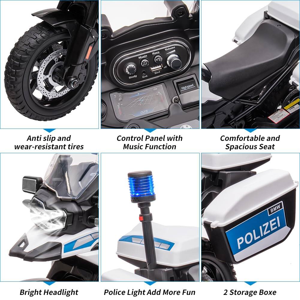 - Anti slip and wear-resistant tires
- Control Panel with Music Function
- Comfortable and Spacious Seat
- Bright Headlight
- Police Light Add More Fun
- 2 Storage Boxe