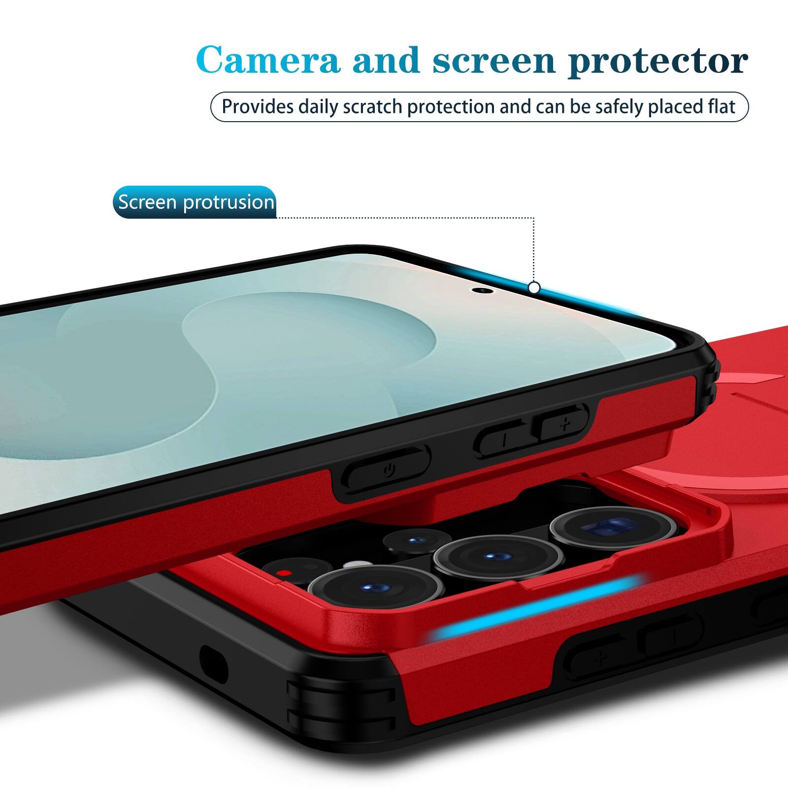 Camera and screen protector  
Provides daily scratch protection and can be safely placed flat  
Screen protrusion