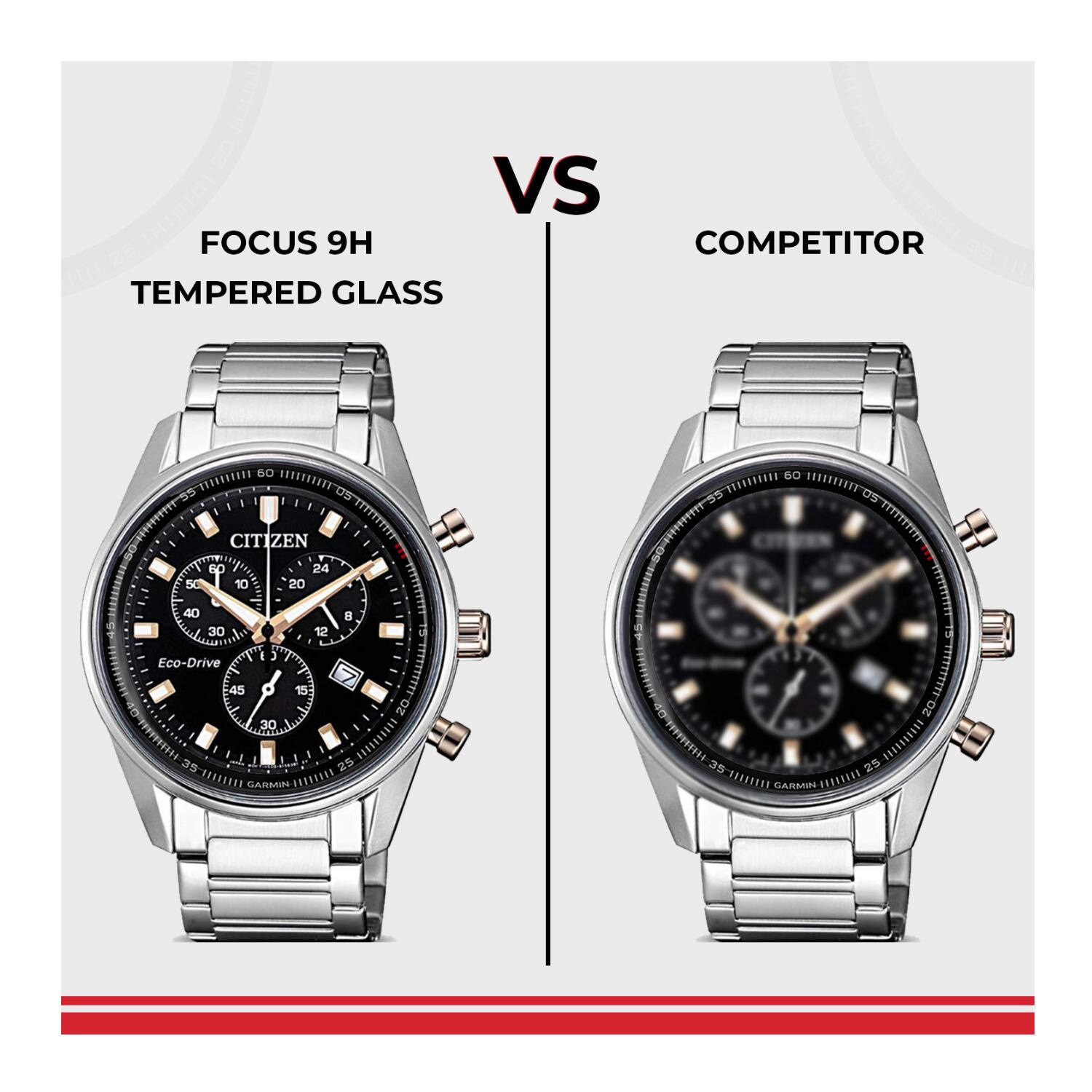 The text on the image is:

"FOCUS 9H TEMPERED GLASS COMPETITOR"

The corrected and grouped text from the provided text is:

"CITIZEN FOCUS 9H COMPETITOR TEMPERED GLASS"