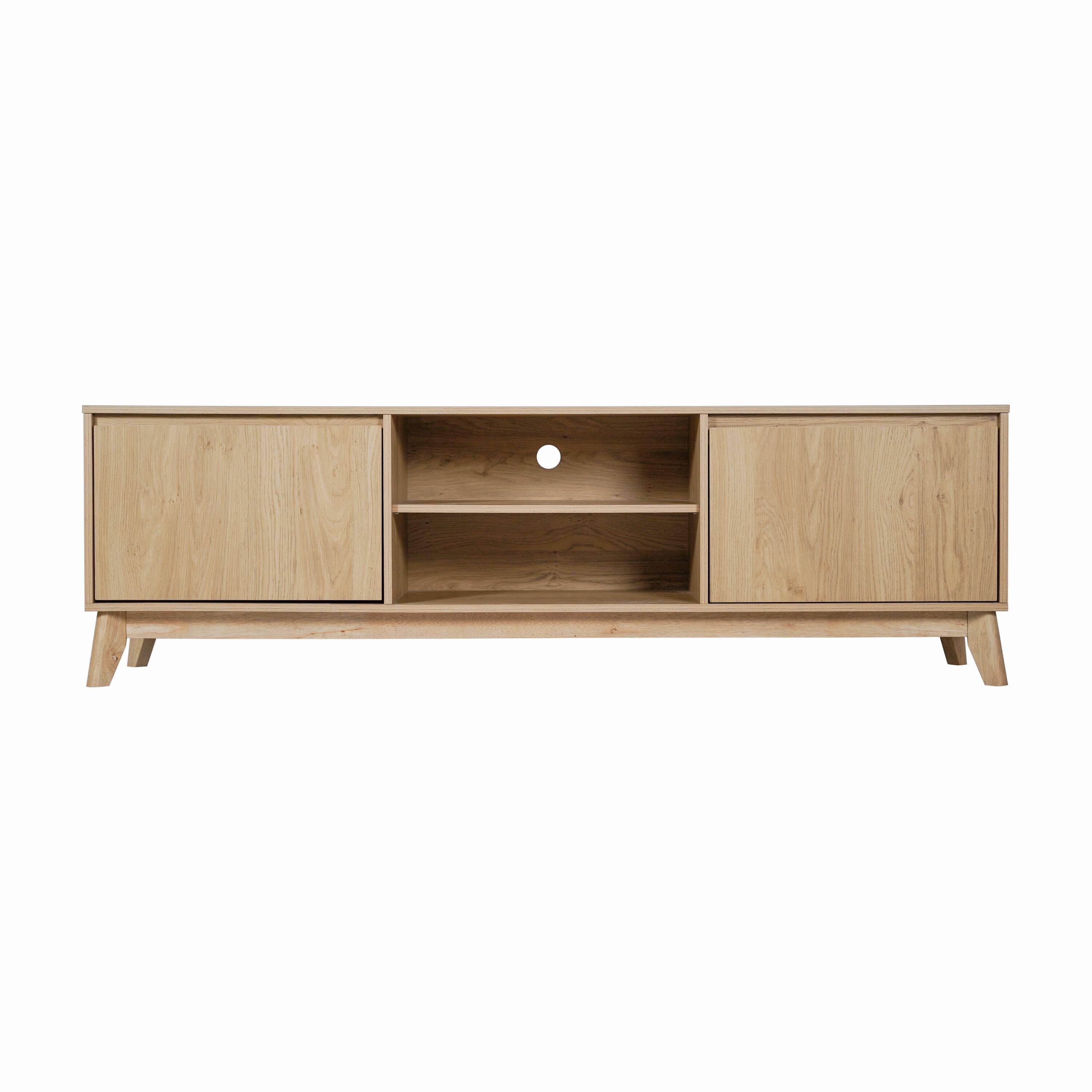 Alt View 7. Emma + Oliver - Beverly Mid-Century Modern Wooden TV Stand with Soft Close Doors, Shelf, Cord Management Hole and Tapered Legs - Light Natural.