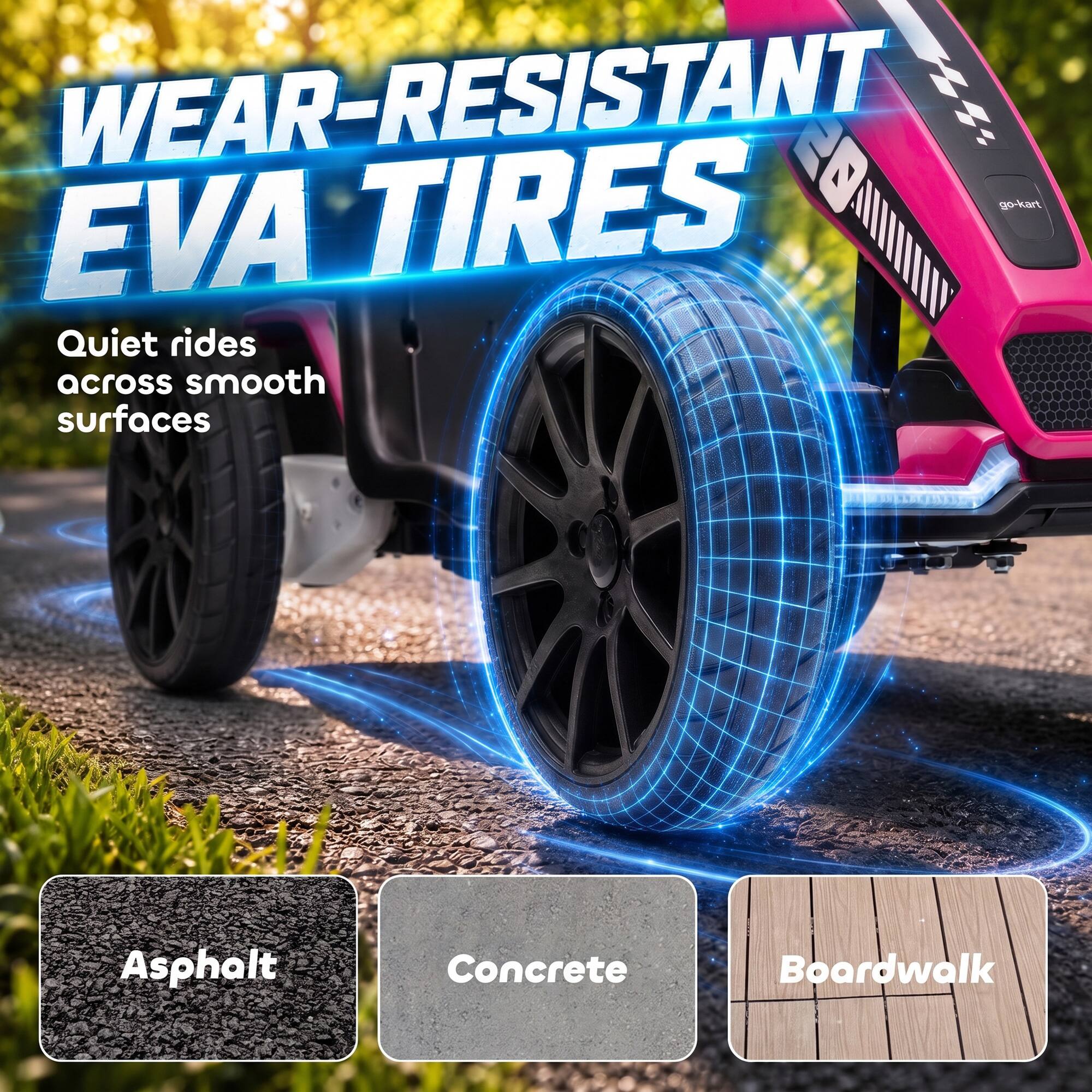 WEAR-RESISTANT EVA TIRES

Quiet rides across smooth surfaces

Asphalt
Concrete
Boardwalk