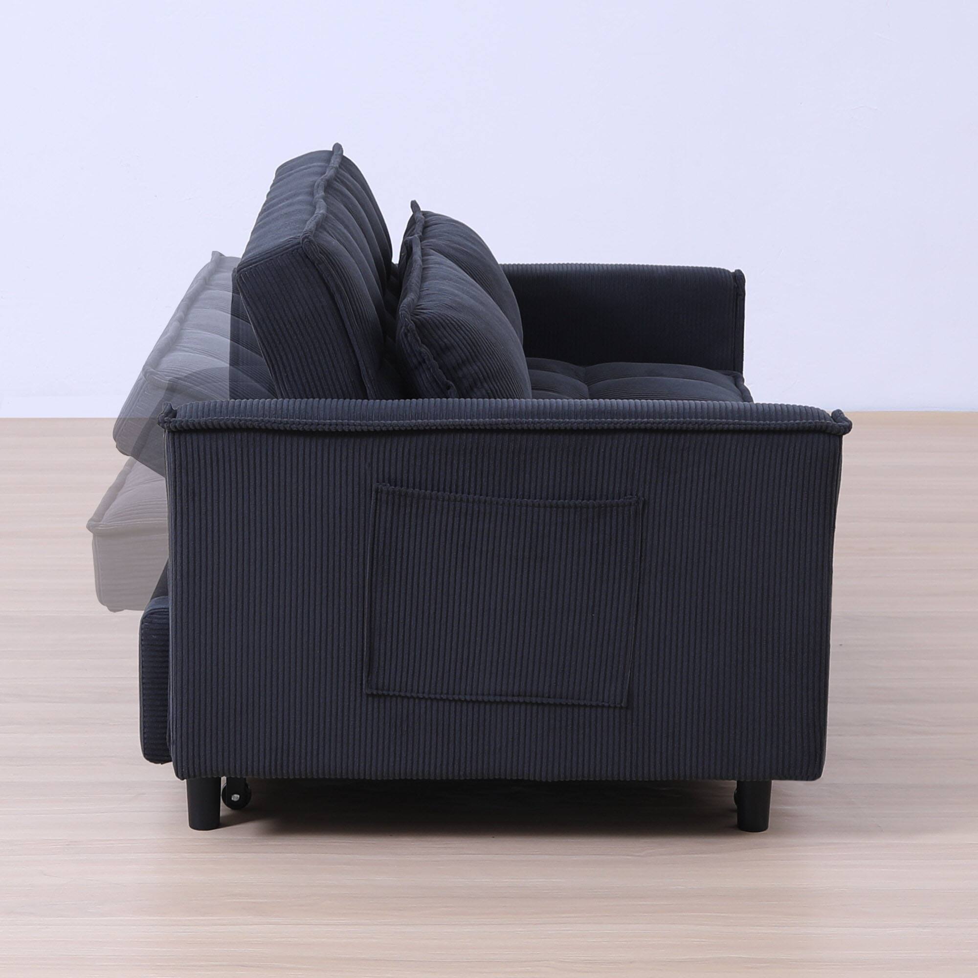 Back. GOODSILO - Elegant 55-Inch Velvet Sofa Bed with Storage Pockets - Three-in-One Convertible Design - Dark Grey.