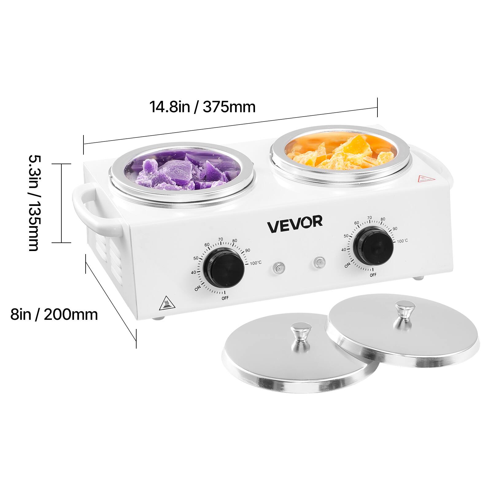 14.8in / 375mm  
5.3in / 135mm  
8in / 200mm  

VEVOR  

60 70 80 90 100°C  
ON OFF  

60 70 80 90 100°C  
ON OFF