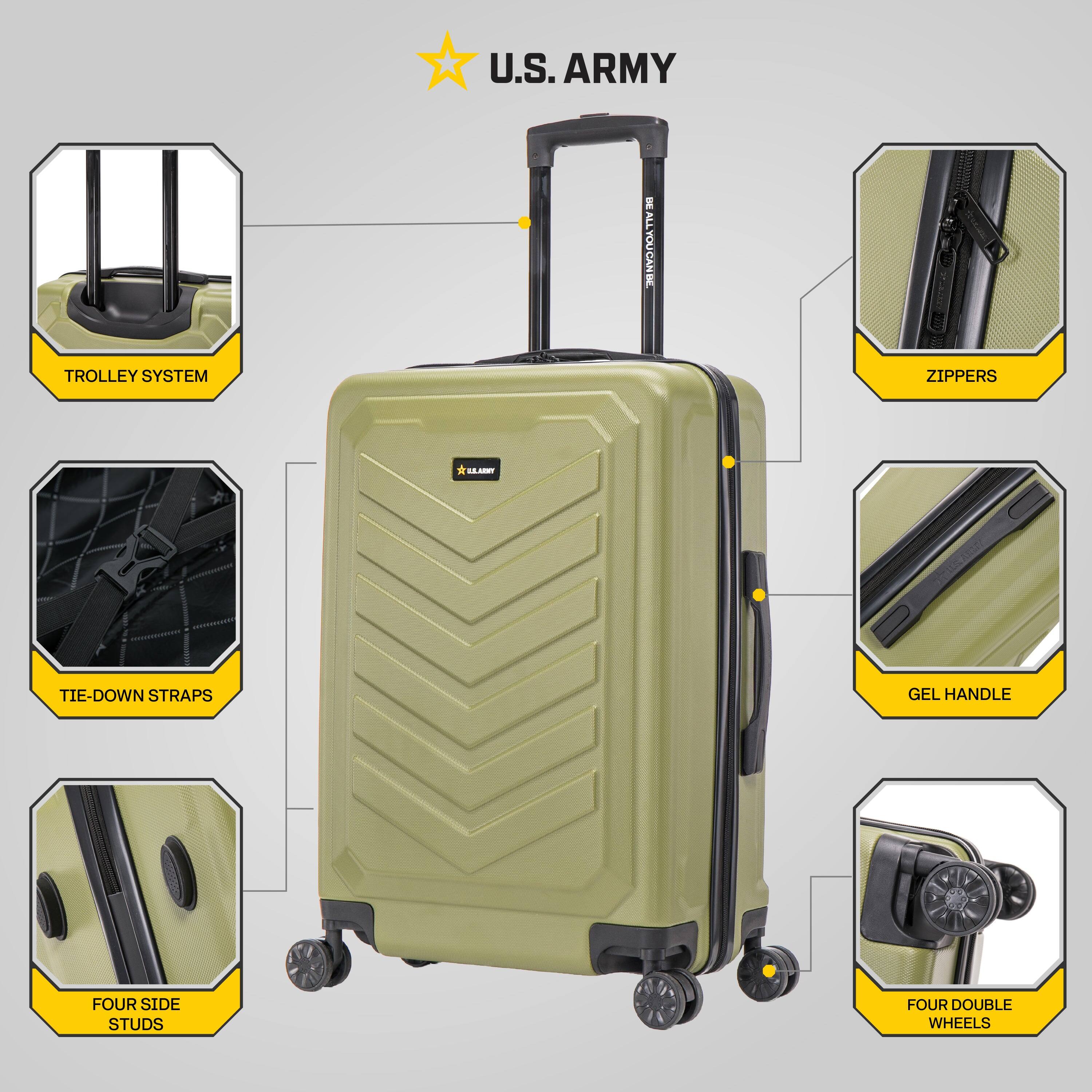 U.S. ARMY

- TROLLEY SYSTEM
- ZIPPEPS
- TIE-DOWN STRAPS
- GEL HANDLE
- FOUR SIDE STUDS
- FOUR DOUBLE WHEELS