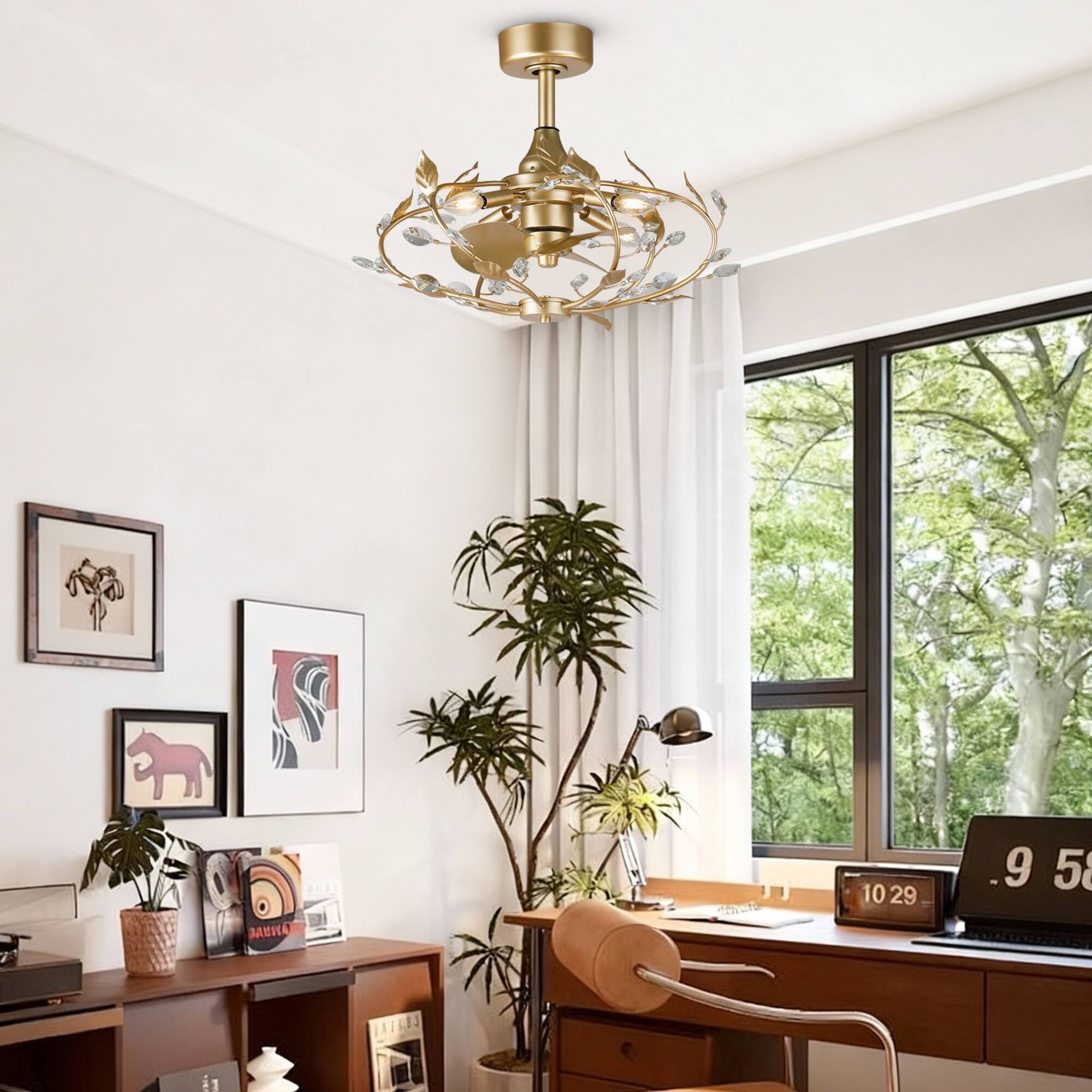 Alt View 1. Parrot Uncle - 24" French Elegant Gold Crystal Leaf Fandelier Ceiling Fan with Remote - Gold.