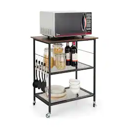 Costway - 3-Tier Kitchen Serving Cart Utility Standing Microwave Rack w/ Hooks - Coffee