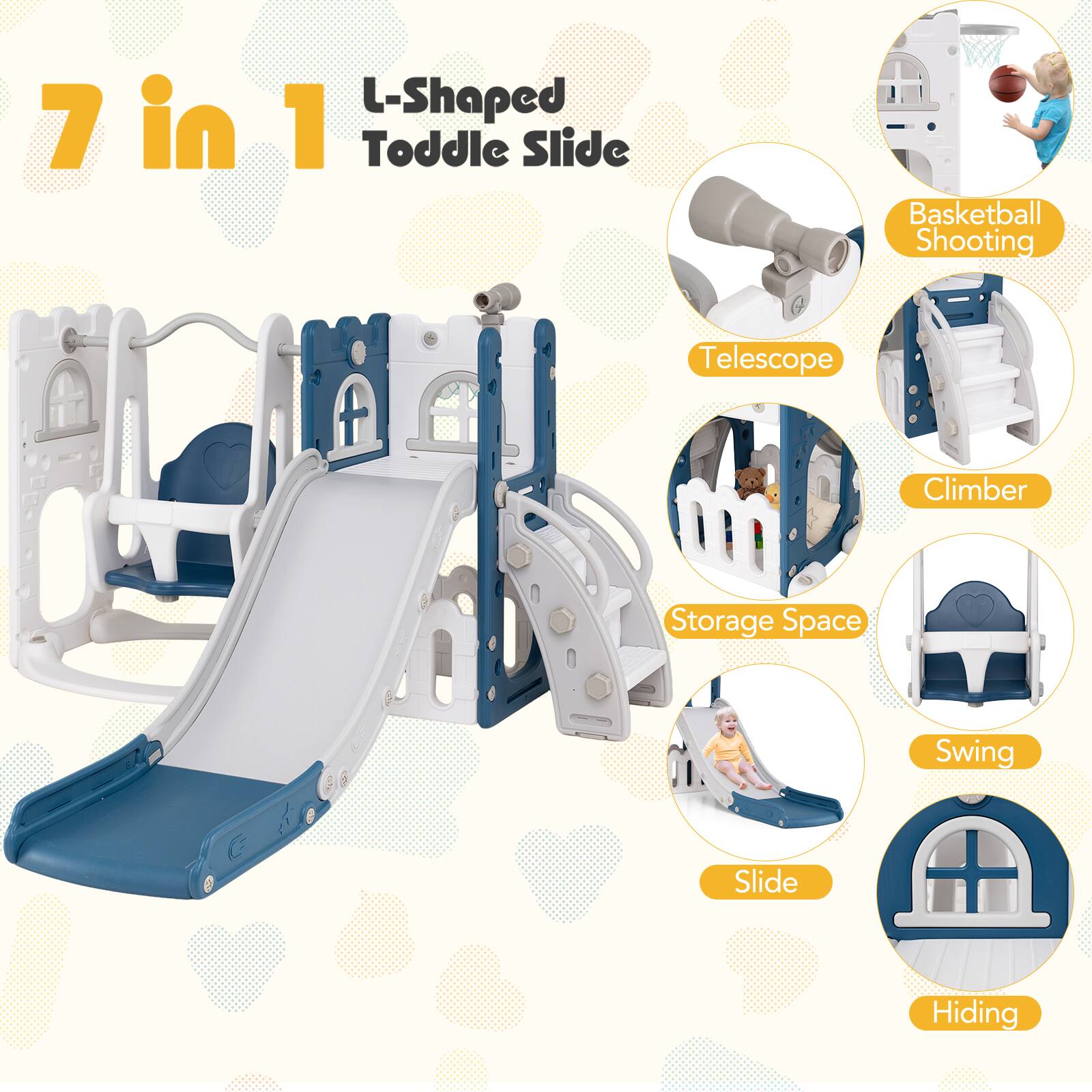 7 in 1 L-Shaped Toddle Slide Basketball Shooting Telescope Climber Storage Space Swing Slide Hiding