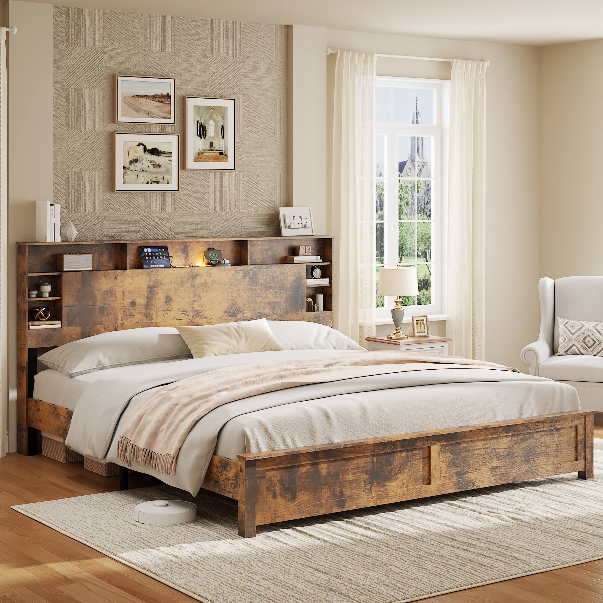 Angle. LUCKY ONE - King Size Bed Frame with Storage Headboard,Charging Station, LED Lights - Dark Brown.