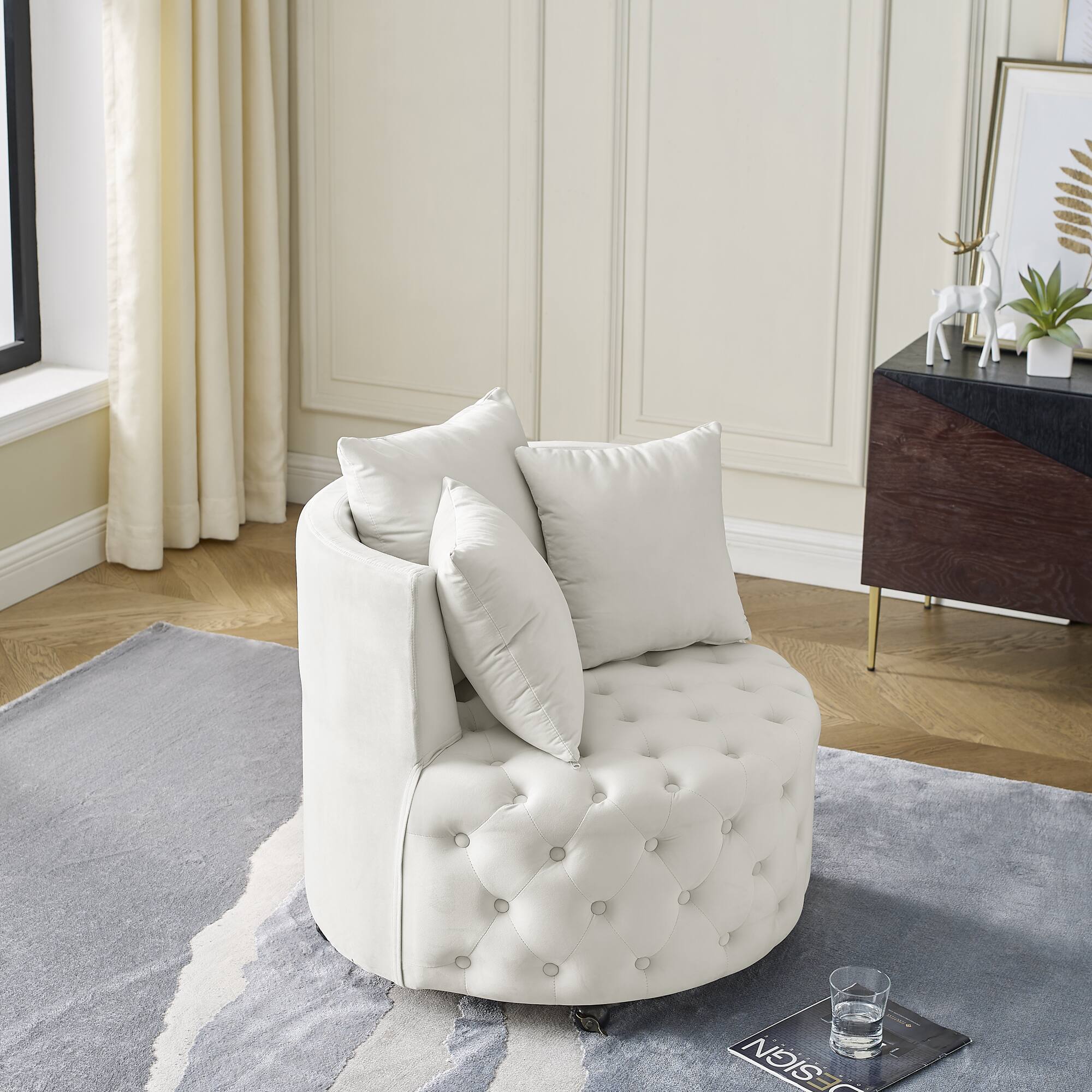 Left. Trinkets Crazed - Velvet Upholstered Swivel Chair for Living Room, with Button Tufted Design and Movable Wheels, Including 3 Pillows - Beige.