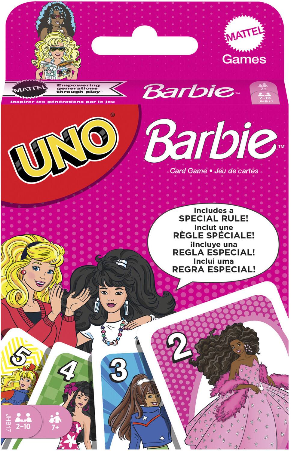 MATTEL Games  
Empowering generations through play  
Inspirer les générations par le jeu  

Barbie  
UNO  
Card Game • Jeu de cartes  

Includes a SPECIAL RULE!  
Inclut une RÈGLE SPÉCIALE!  
il incluye una REGLA ESPECIAL!  
Inclui uma REGRA ESPECIAL!  

JH817  
2-10  
7+