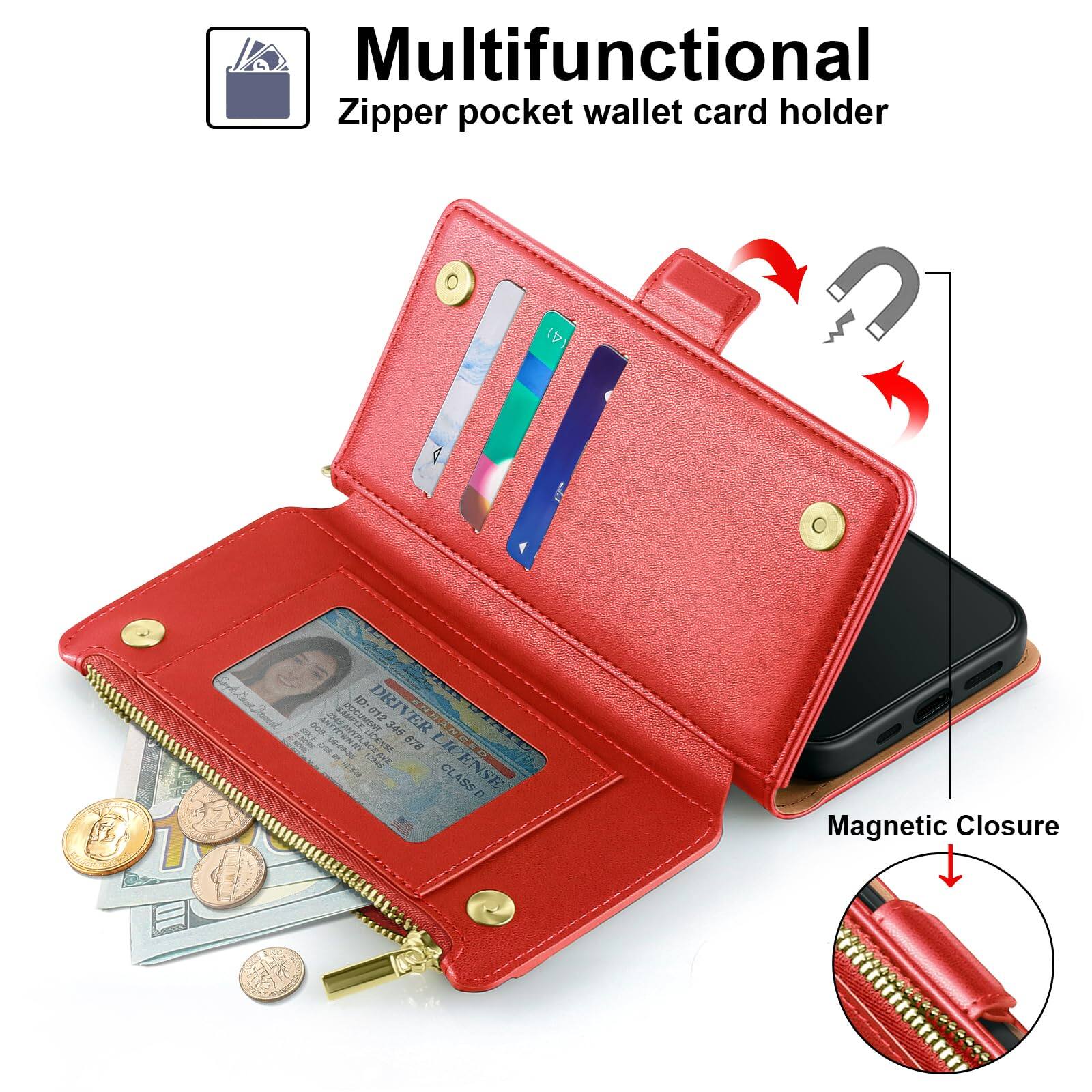 Back. Jadie Link - Compatible Pro Wallet Case Women Rfid Blocking Leather Phone Men Kickstand Flip Cover Wrist Strap Zipper Credit Card - Black-iPhone 17 Pro - 6.3".