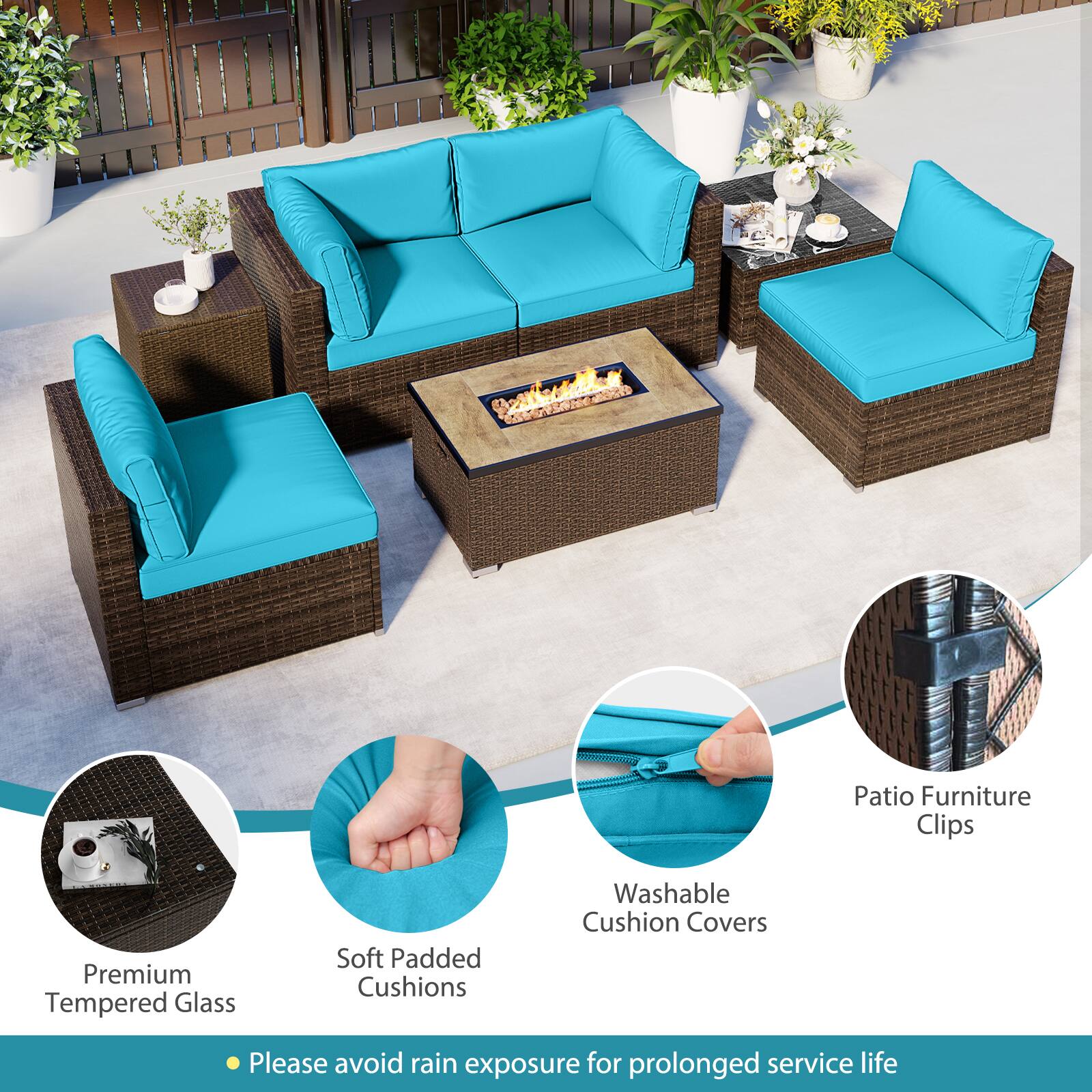 Patio Furniture Clips  
Premium Tempered Glass  
Soft Padded Cushions  
Washable Cushion Covers  

Please avoid rain exposure for prolonged service life