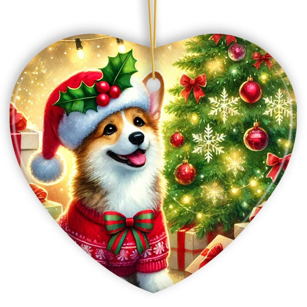 Front. OrnamentallyYou - Adorable Welsh Corgi with Santa Hat Ornament Jolly Christmas for Heartfelt Gift Heart Version - Multi-colored.