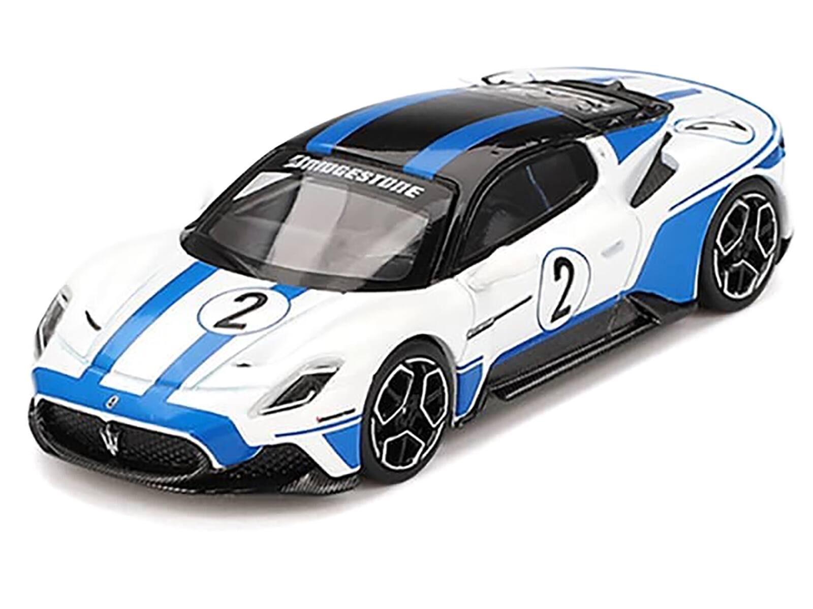 Angle. BBR - Maserati MC20 #2 White with Blue Stripes and Black Top "Maserati Performance Experience" 1/64 Diecast Model Car by BBR - White and Blue.