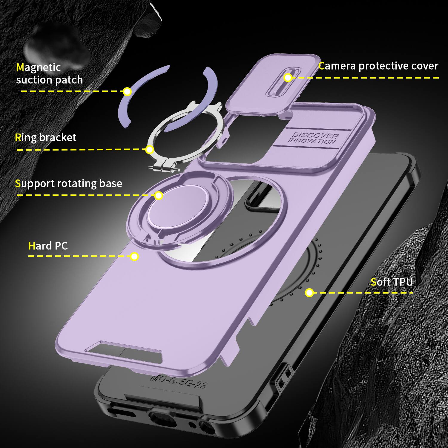 Magnetic suction patch  
Camera protective cover  
Ring bracket  
DISCOVER INNOVATION  
Support rotating base  
Hard PC  
Soft TPU  
MO-G-5G-23