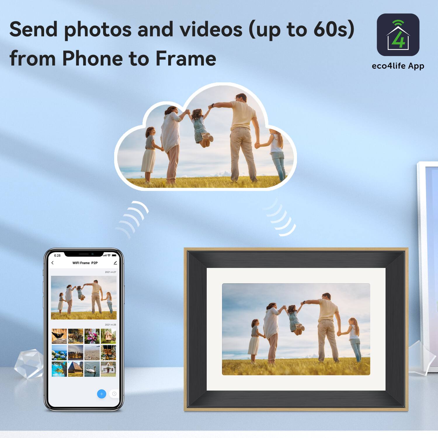 Send photos and videos (up to 60s) from Phone to Frame eco4life App
