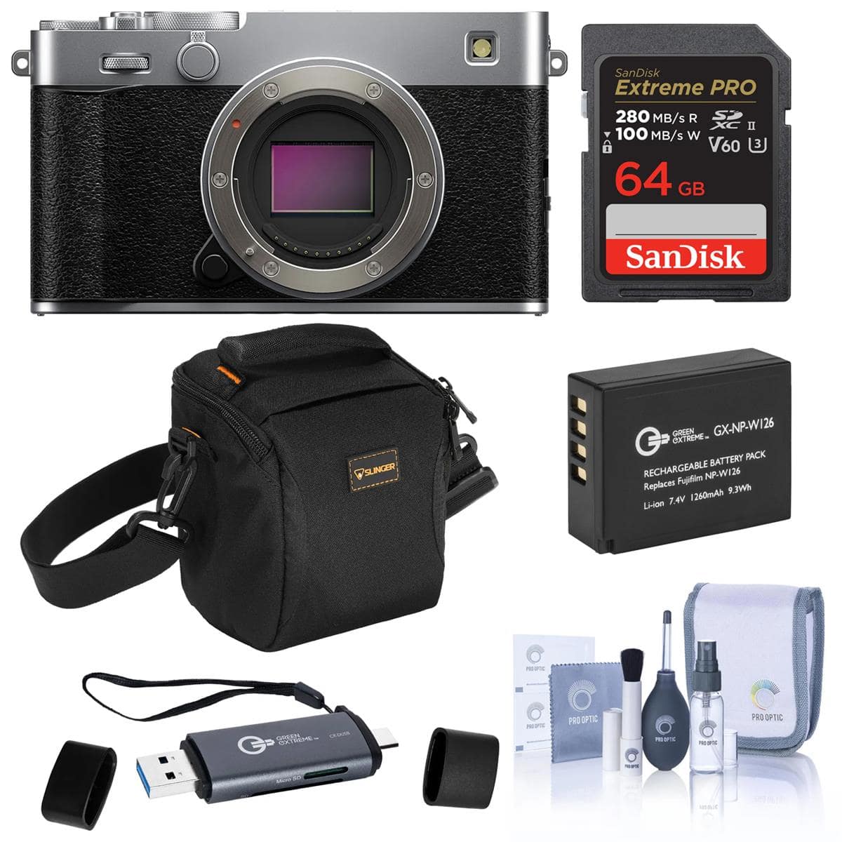 Bundle - Fujifilm - X-E5 Mirrorless Camera, Silver with TASC300 Microphone, Tripod, Mini Flash, Shoulder Bag, Cleaning Kit