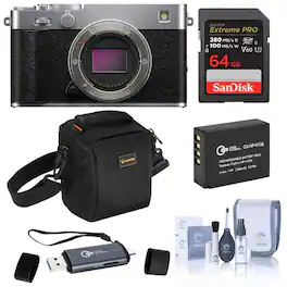 Bundle - Fujifilm - X-E5 Mirrorless Camera, Silver with TASC300 Microphone, Tripod, Mini Flash, Shoulder Bag, Cleaning Kit