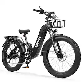 Eskute - 26" Step-Thru Fat Tire Electric Bike, 1500W Peak Motor, 80-Mile Range, Full Suspension, with front Basket - Black