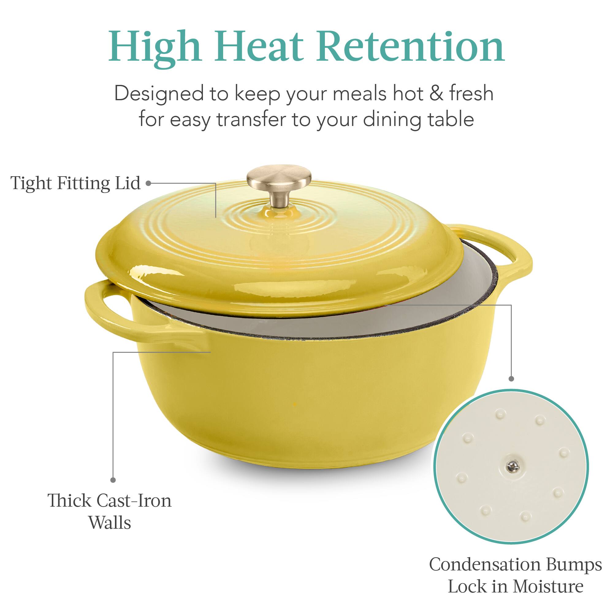 High Heat Retention  
Designed to keep your meals hot & fresh for easy transfer to your dining table  

- Tight Fitting Lid  
- Thick Cast-Iron Walls  
- Condensation Bumps Lock in Moisture