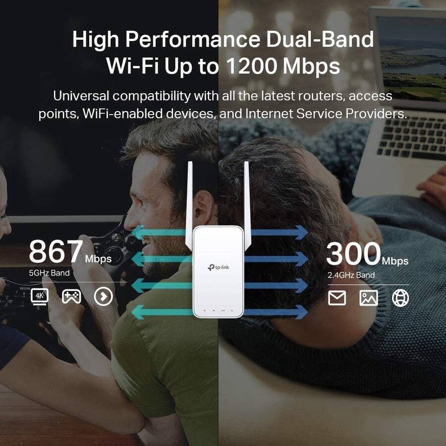 High Performance Dual-Band Wi-Fi Up to 1200 Mbps

Universal compatibility with all the latest routers, access points, WiFi-enabled devices, and Internet Service Providers.

867 Mbps 5GHz Band

300 Mbps 2.4GHz Band