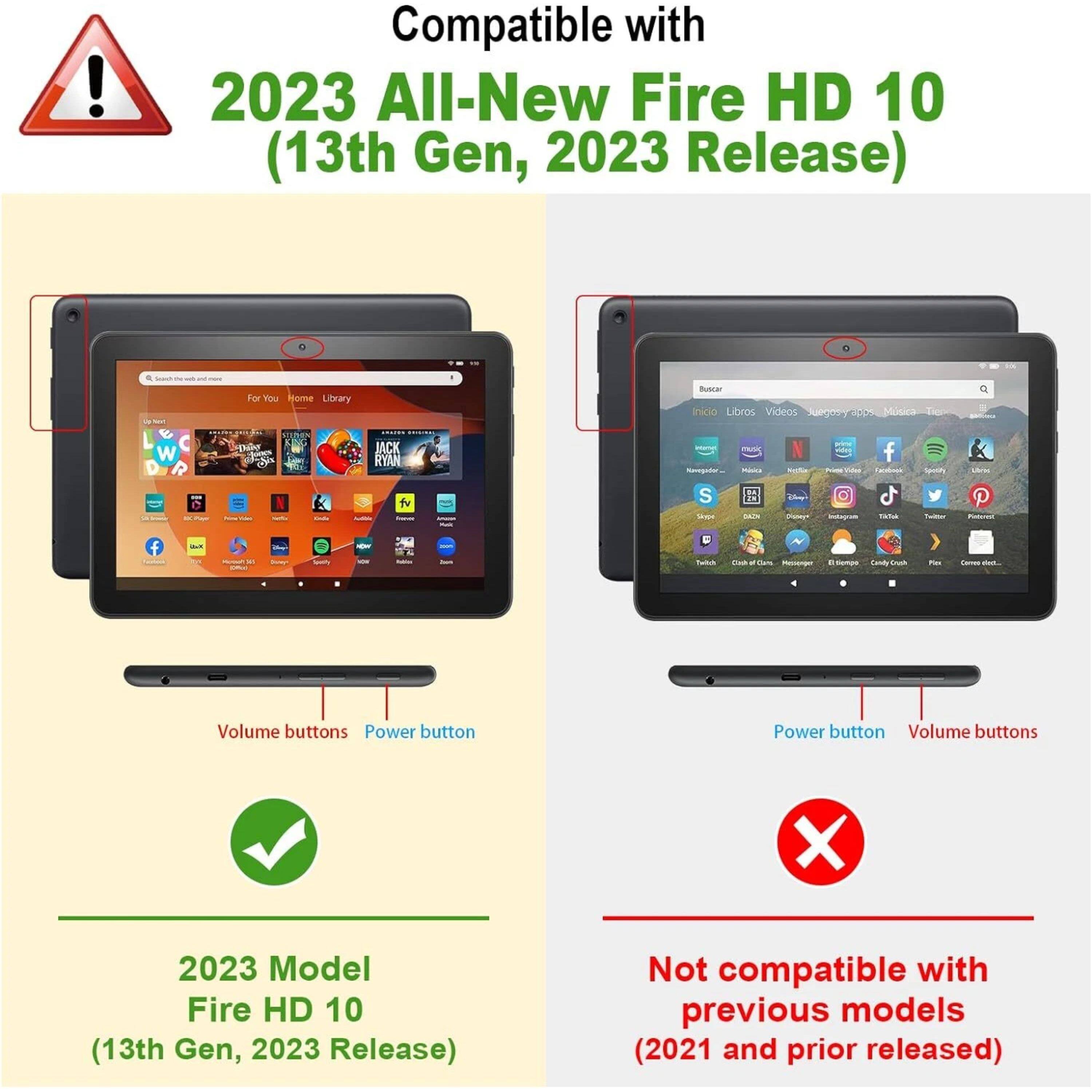 Compatible with 2023 All-New Fire HD 10 (13th Gen, 2023 Release)  
For You Home Library  
Buscar inicio Libros Videos Juegos app Música  
The m N f mempate - - den N tv S - G AmA - P -  - - - -  - . - L Su - i  
Volume buttons Power button  
2023 Model Fire HD 10 (13th Gen, 2023 Release)  
Not compatible with previous models (2021 and prior released)
