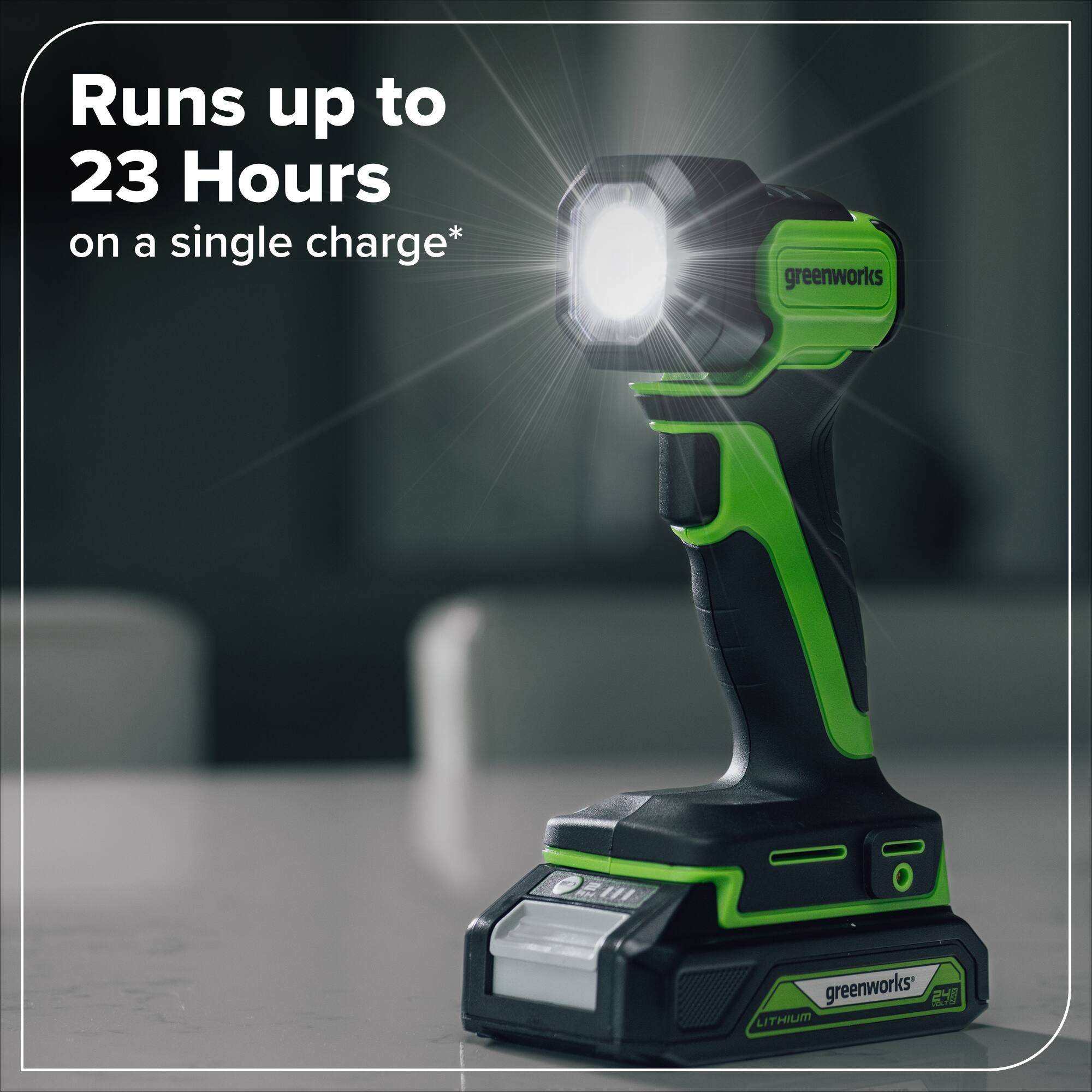 Runs up to 23 Hours on a single charge*  
greenworks  
LITHIUM