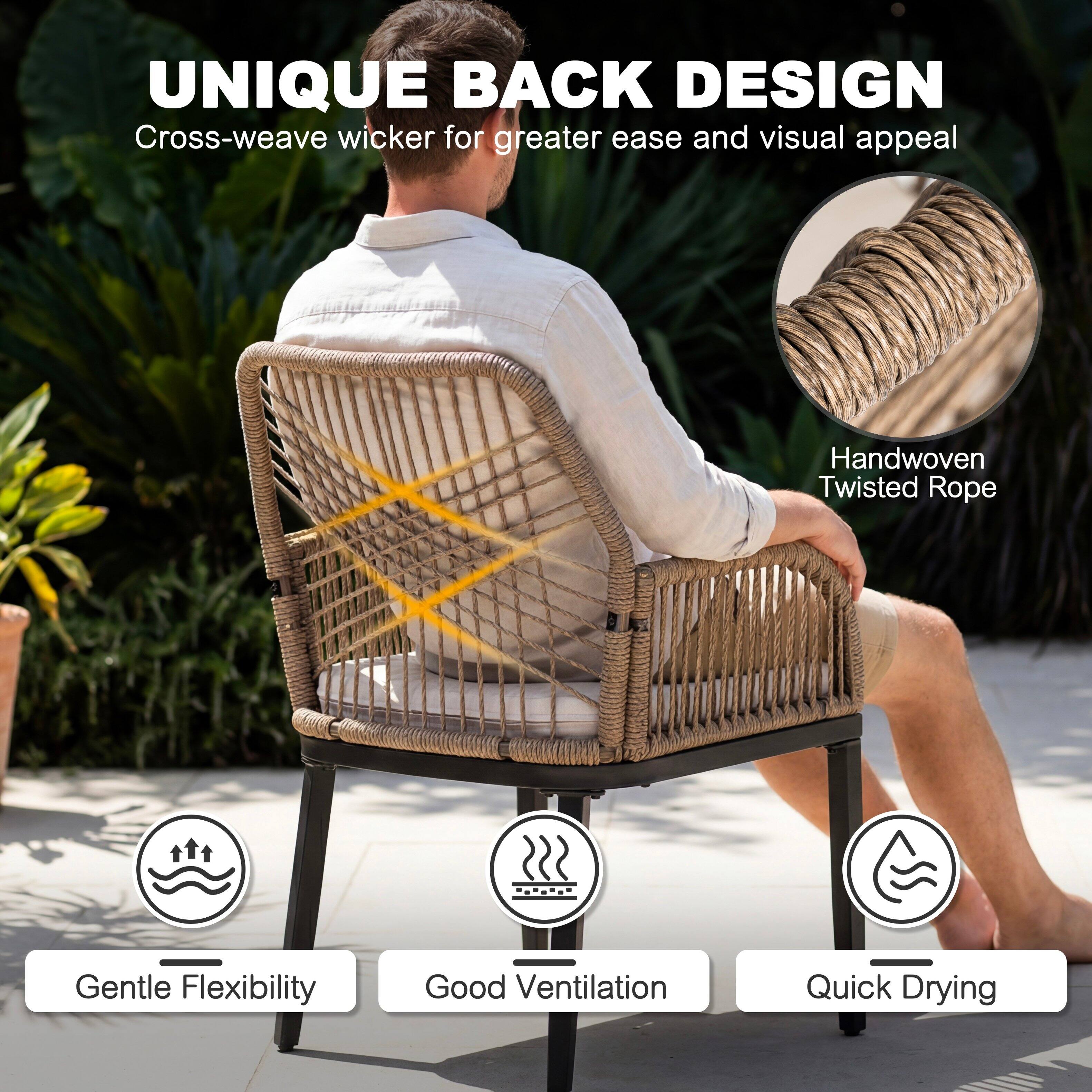 UNIQUE BACK DESIGN  
Cross-weave wicker for greater ease and visual appeal  
Handwoven Twisted Rope  
Gentle Flexibility  
Good Ventilation  
Quick Drying