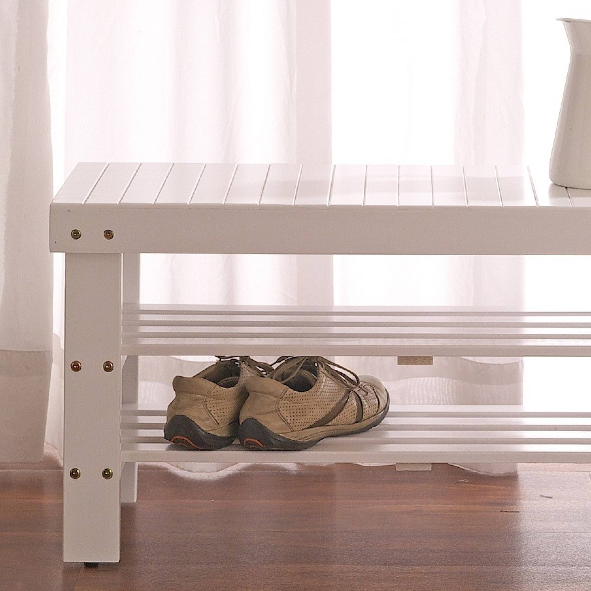 Back. GOODSILO - Solid Wood Shoe Bench with Storage Shelf, Durable Entryway Furniture for Organizing Footwear - White.