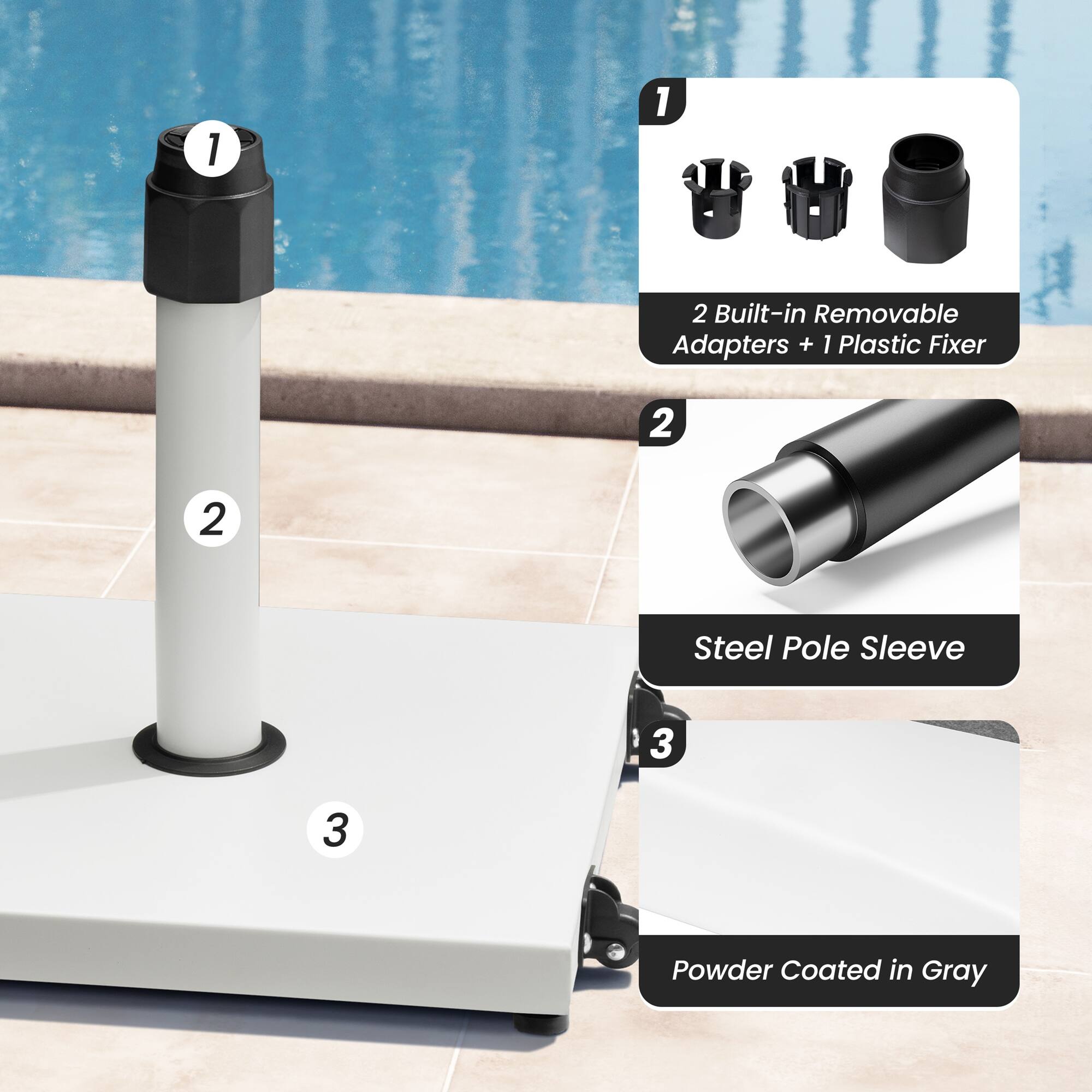 1. 2 Built-in Removable Adapters + 1 Plastic Fixer  
2. Steel Pole Sleeve  
3. Powder Coated in Gray