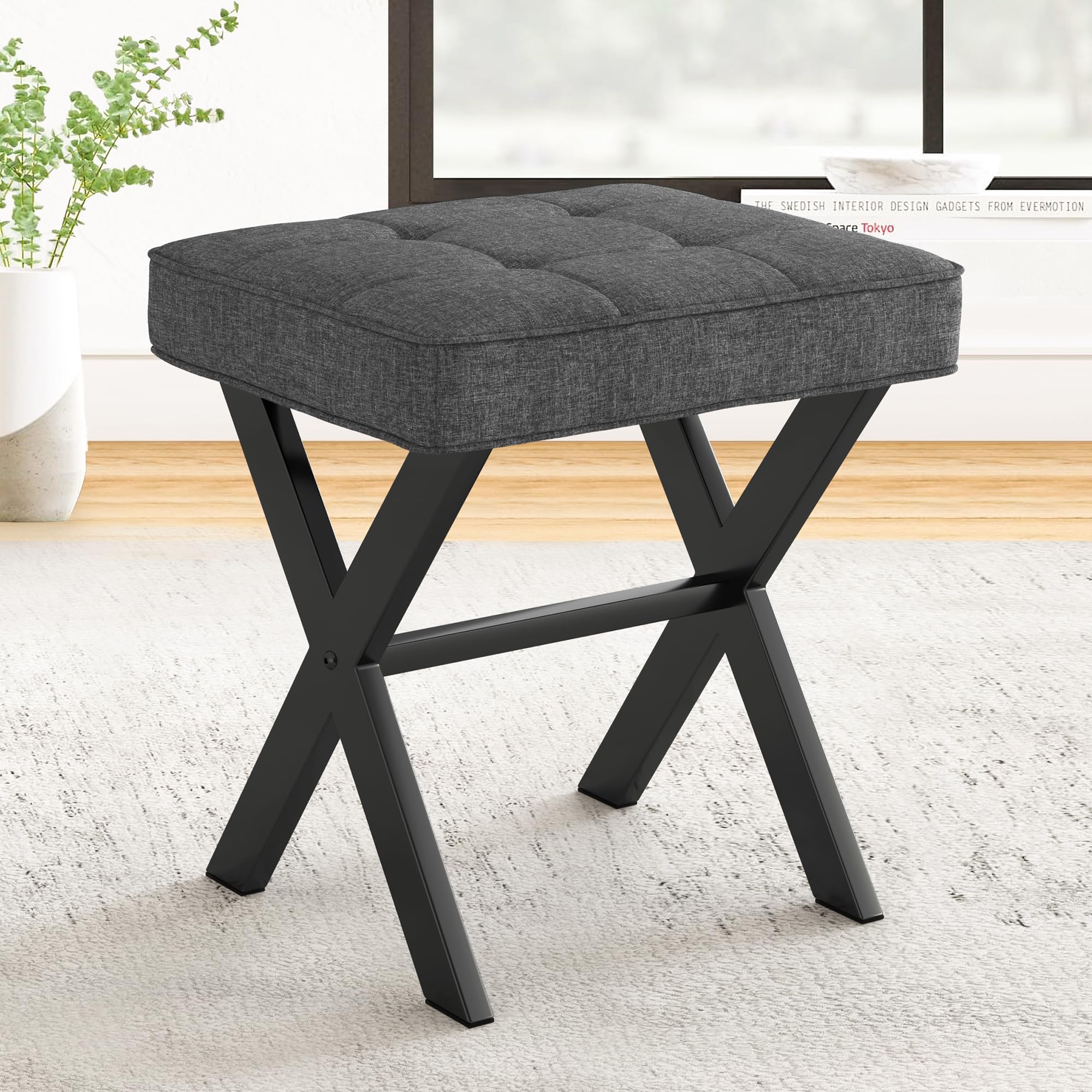 Fabibe - Modern Wood Square Linen Makeup Stool, Metal Legs, Small Ottoman - Carbon Gray Linen