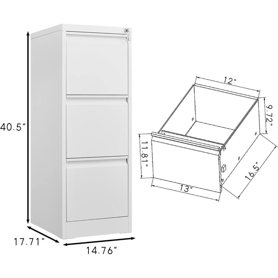 Sure, here is the corrected and grouped text from the image:

- Height: 40.5"
- Width: 14.76"
- Depth: 17.71"
- Drawer 1 (Top): 11.81" (Width) x 13" (Depth) x 9.72" (Height)
- Drawer 2 (Middle): 11.81" (Width) x 13" (Depth) x 9.72" (Height)
- Drawer 3 (Bottom): 11.81" (Width) x 13" (Depth) x 9.72" (Height)
- Shelf: 12" (Width) x 16.5" (Depth)