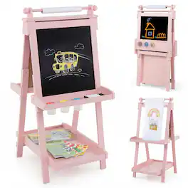Costway - 3-In-1 Kids Art Easel with Magnetic White Board, Chalkboard, Paper Roll & Holder - Pink