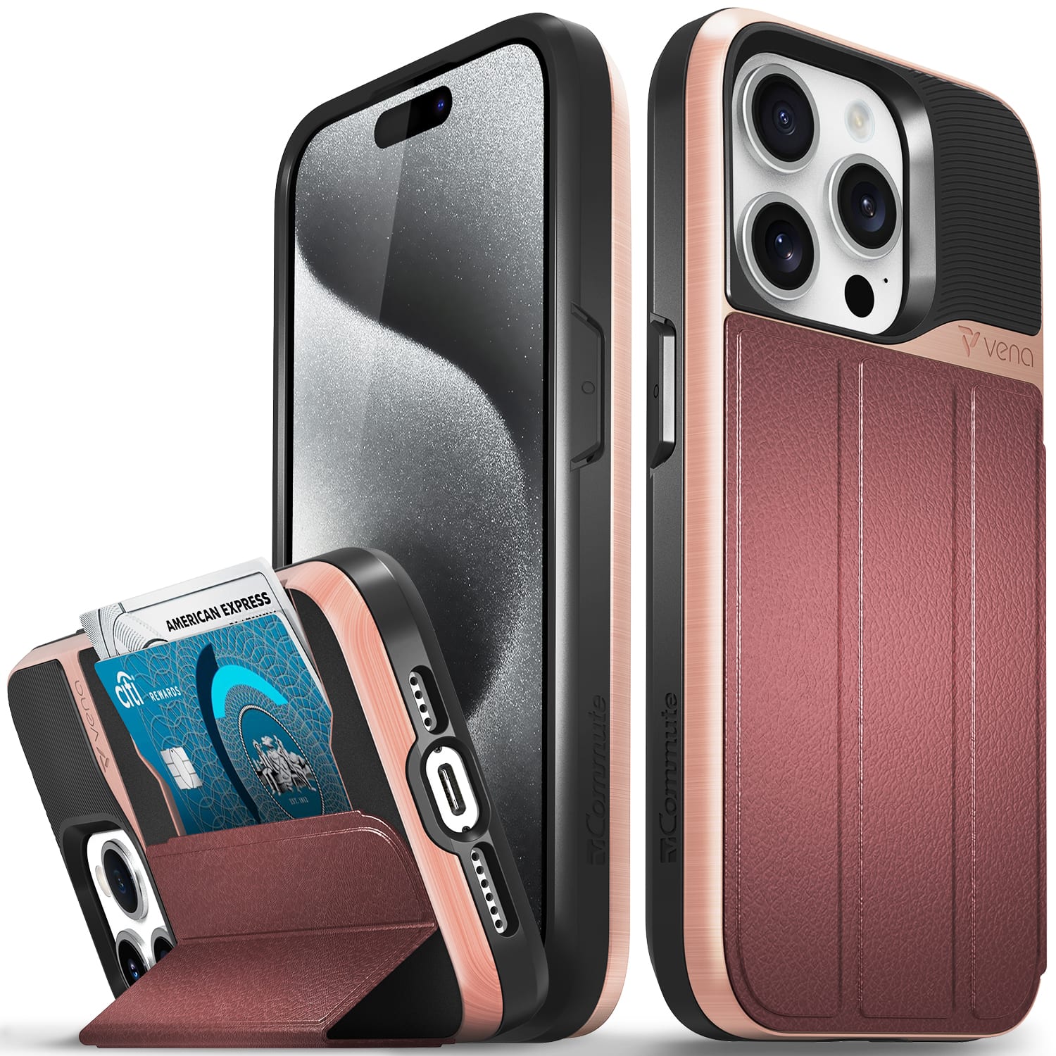 Vena - vCommute Wallet Case for Apple iPhone 15 Pro - Flip Leather Cover Card Slot Holder with Kickstand - Red / Rose Gold - Multicolored