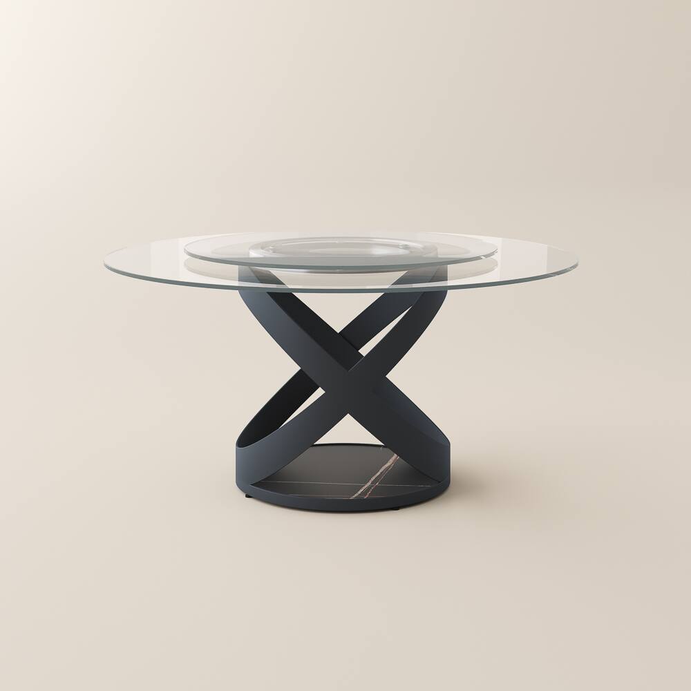 Alt View 8. POVISON - 59" Modern Glass Round Dining Table for 4 with Lazy Susan, Clear Tempered Glass Tabletop, Black X Carbon Steel Base - Clear Tempered Glass with Black.