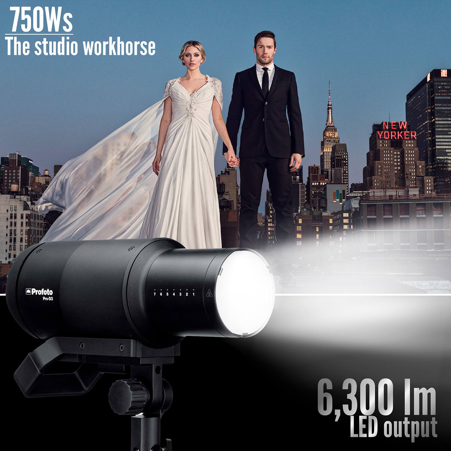 750Ws  
The studio workhorse  

NEW YORKER  

Profoto Pro-3  

6,300 Im  
LED output