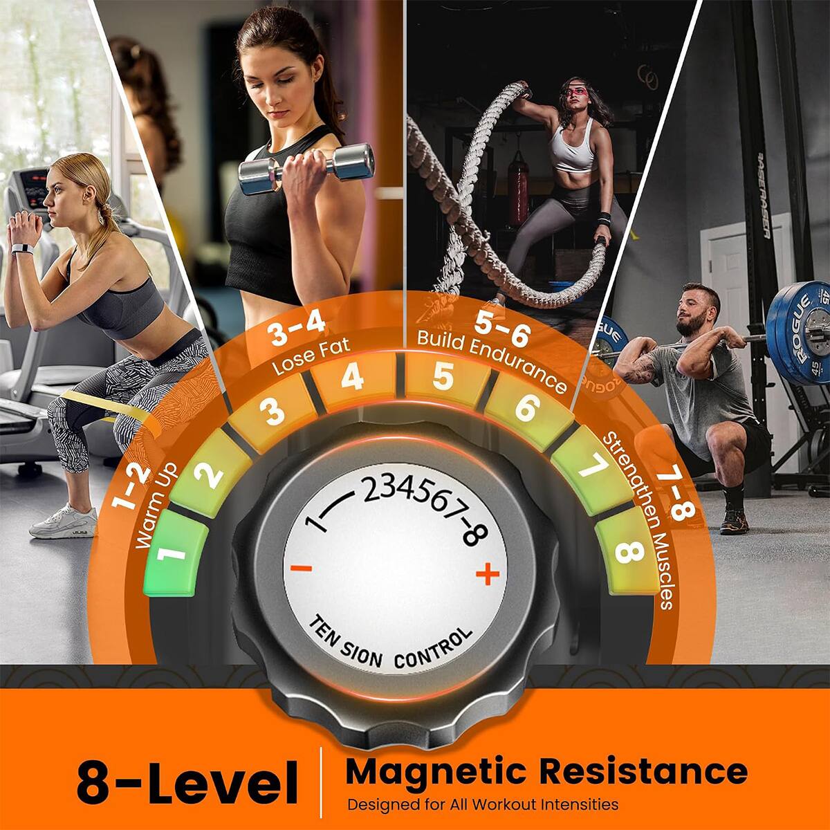 3-4 Fat Build 5-6 GUE Lose 4 5 Endurance ROGUE 3 6 Up 2 L Strengthen 1-2 Warm 234567-8 7-8 1 8 Muscles + TEN SION CONTROL

45 ROGUE 

8-Level Magnetic Resistance Designed for All Workout Intensities