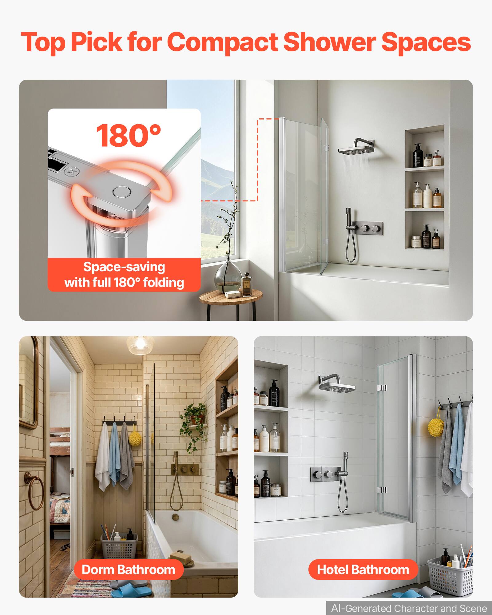 Top Pick for Compact Shower Spaces

180°
Space-saving with full 180° folding

Dorm Bathroom

Hotel Bathroom

AI-Generated Character and Scene