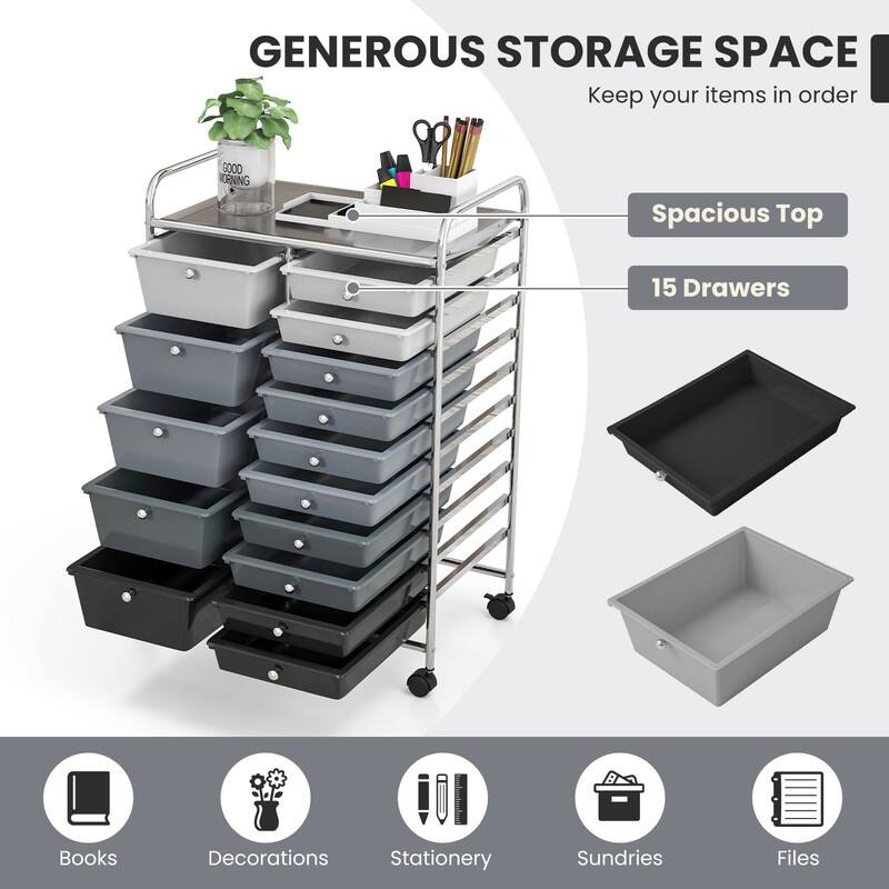 GENEROUS STORAGE SPACE  
Keep your items in order  

Spacious Top  
15 Drawers  

Books  
Decorations  
Stationery  
Sundries  
Files